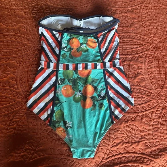 Modcloth Retro Orange and Green One Piece Swimsuit - Picture 2 of 4